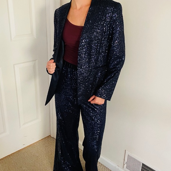 Tahari Petite Navy Suit Sequin 8P NWT - Picture 2 of 8